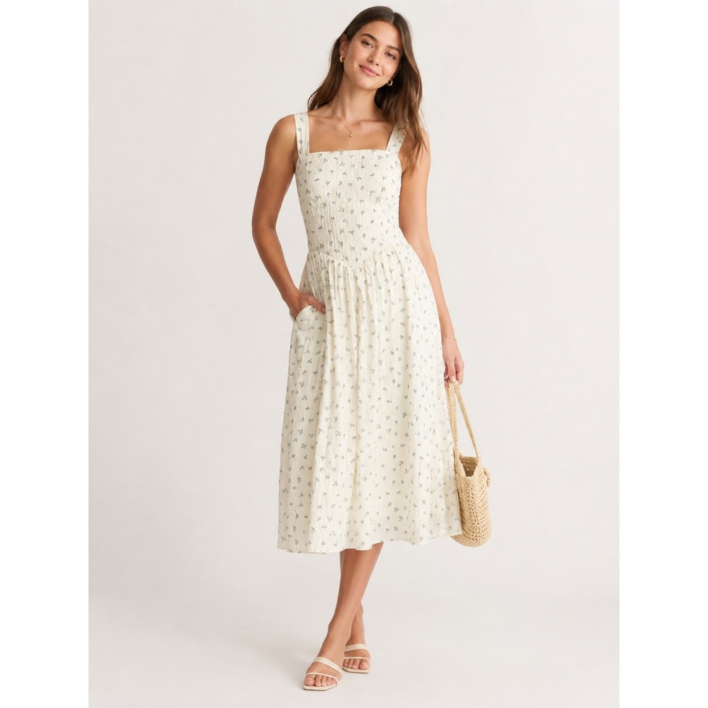 Chelsea 28 Yellow Blue Ditsy Floral Midi Dress M Cottagecore Whimsical Prairie